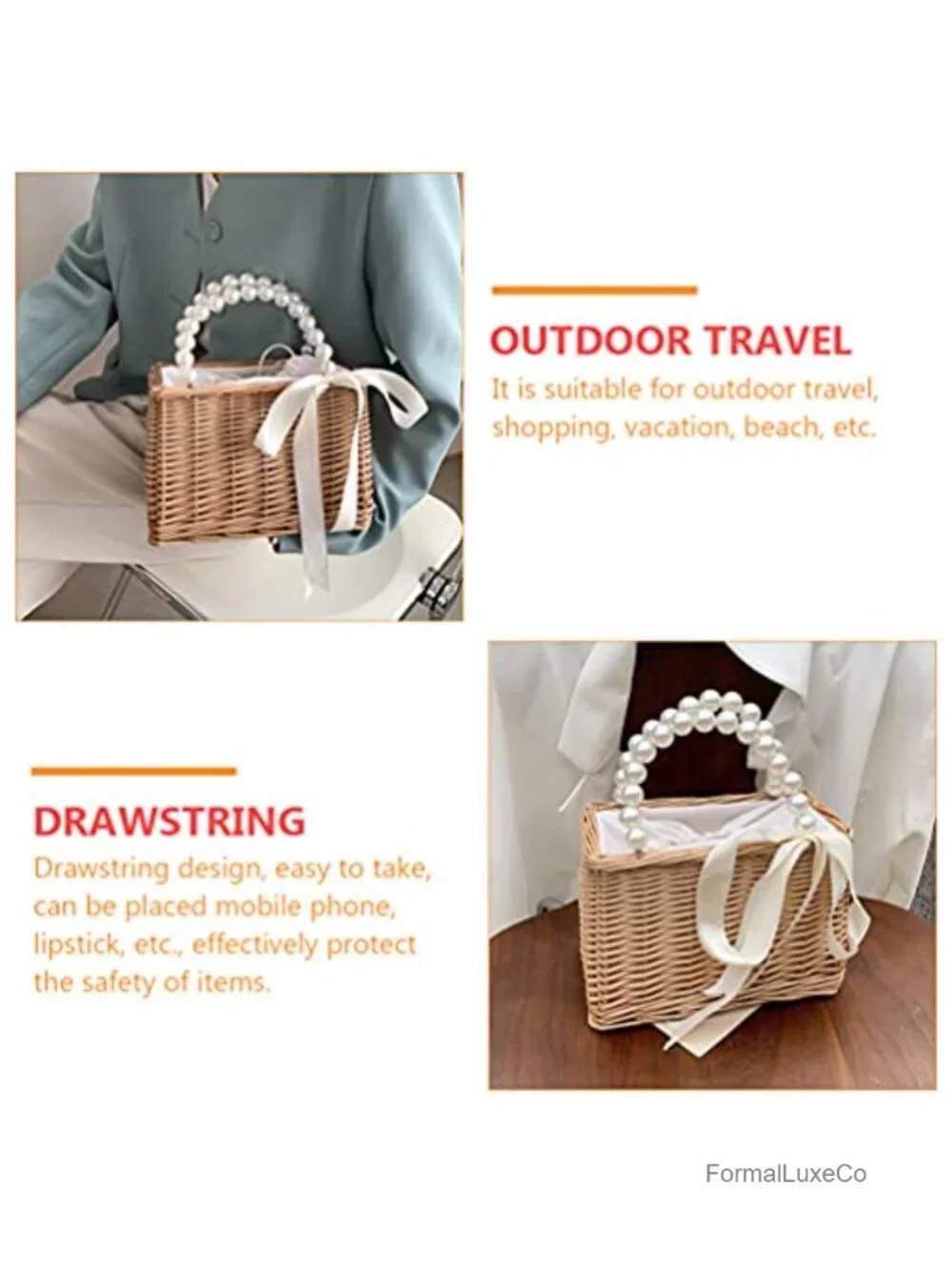 Woven Straw Pearl Handle Drawstring Tote Beach Handbag Women